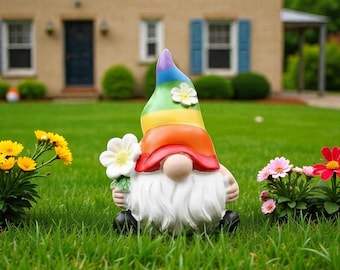Estatua de gnomo de jardín con sombrero arcoíris – Figura de resina hecha a mano, caprichosa, para decoración de exteriores