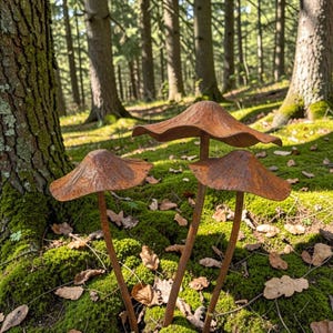 Peut inclure: Trois sculptures de champignons en métal rouillé, avec de larges chapeaux incurvés et des tiges fines, se dressent dans une forêt moussue. Les champignons présentent une finition brune vieillie, s'intégrant au cadre naturel des arbres et des feuilles mortes. La scène est baignée de soleil.