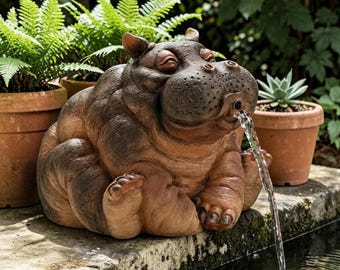 Statue hippopotame fontaine d'eau - Décoration amusante en résine pour bassin d'animaux, caractéristique unique du jardin-patio fait main