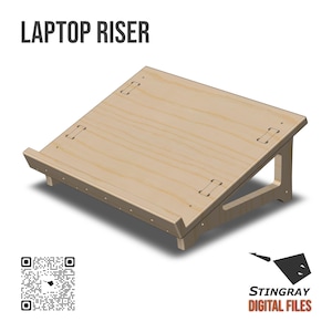May include: A light-coloured wooden laptop riser with a slanted surface and a front ledge. The text LAPTOP RISER is at the top left. A QR code and the text STINGRAY DIGITAL FILES are at the bottom. The structure features visible joinery details.