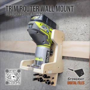May include: A wooden trim router wall mount for cordless trim routers. The mount holds a gray, black, and yellow Ryobi trim router. The text "TRIM ROUTER WALL MOUNT" and "FOR CORDLESS TRIM ROUTERS" is displayed at the top. A QR code and logo are visible.