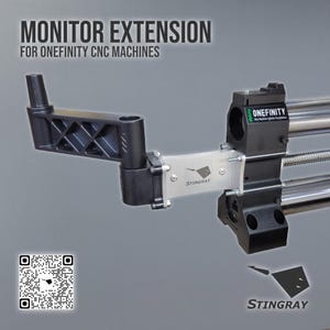 May include: A black monitor extension arm for Onefinity CNC machines. The arm is made of metal and has a pivoting design. The text "MONITOR EXTENSION" and "FOR ONEFINITY CNC MACHINES" is displayed at the top. The brand name "STINGRAY" is also visible.