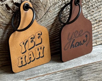 Yee Haw Cow Tag Keychain: Western Rodeo Gift