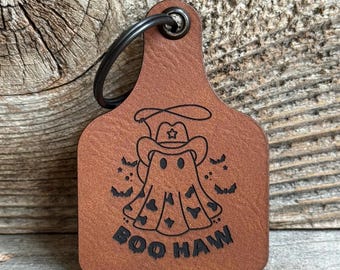 Boo Haw Cow Tag Keychain: Western Halloween Spooky Gift