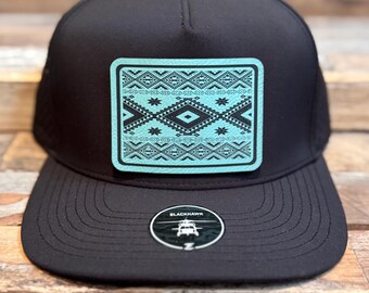 Western Aztec Turquoise Patch Hat: Laser-Engraved Leatherette Design