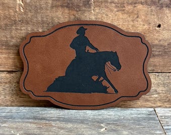 Reining Horse Leatherette Patch: Western Buckle Shape, Rodeo Event