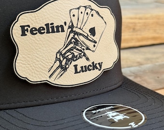 Feelin’ Lucky Buckle Patch Hat: Skeleton Hand Four Aces - Golf Western Gift