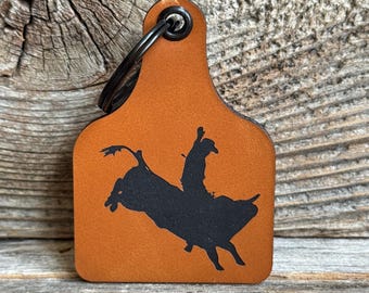 Bull Riding Cow Tag Keychain: Rodeo Western Cowboy Gift