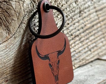 Longhorn Steer Head Keychain: Western Rodeo Leatherette Cow Tag