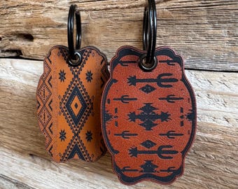 Western Buckle Keychain: Aztec Cactus Leatherette - Cowboy Cowgirl Gift