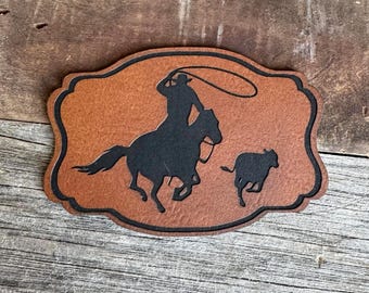 Roping Cowboy Leatherette Patch - Western Buckle Shape - Cowboy Gift - Rodeo Events