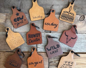 Western Cow Tag Keychain Set with Bonus "Boo Haw" - Cowgirl Cowboy Rodeo Gift Collection