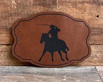 Rodeo Roper Leatherette Patch: Cowboy Buckle Shape, Heat Adhesive