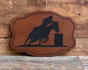 Barrel Racing Leatherette Patch - Rodeo Event - Western Buckle Shape - Cowgirl Gift - Cowboy Gift