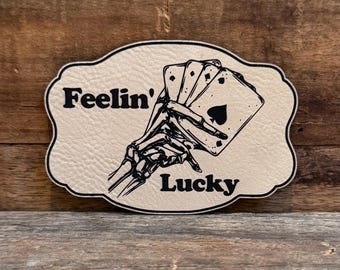 Western Buckle Leatherette Patch: Skeleton Hand with Four Aces
