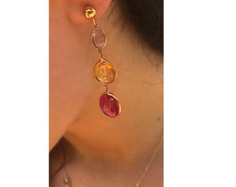 18k yellow gold earrings, earrings with fuchsia oval stone, gold and colored stone earrings, gift for her