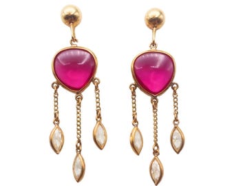 Yellow gold and stone earrings, 18k gold earrings, pink stone earrings, women's gift
