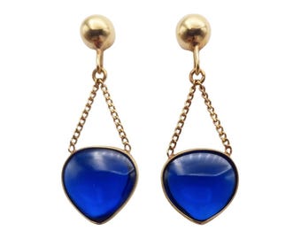 18k gold earrings, gold earrings with blue stones, gold earrings with oval stones, gift for her