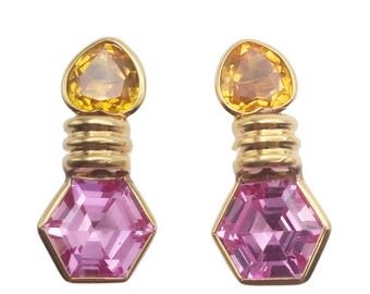 18k gold and stone earrings, pink stone earrings, yellow stone earrings, handmade gold earrings