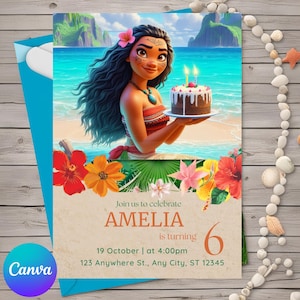 Invito di compleanno modificabile Moana - Invito per compleanno estivo tema hawaii - Download immediato Canva - Modello di invito estivo