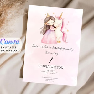Invito di Compleanno Unicorno Digitale - Biglietto Stampabile Bambina con Unicorno • Festa a Tema Unicorno - Invito Editabile su Canva