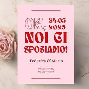 Invito di Matrimonio Digitale Rosa e Rosso – Save the Date Personalizzabile su Canva – Design Moderno e Allegro 5x7" da Stampare