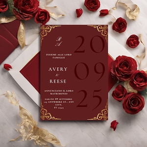 Invito Matrimonio Elegante Bordò e Oro – Save the Date Digitale 5x7” – Modificabile su Canva – Biglietto Matrimoniale Personalizzabile