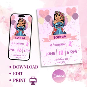 Invito di compleanno bambina Lilo & Stitch rosa - personalizzabile digitale- invito di compleanno stich - invito stampabile birthday party