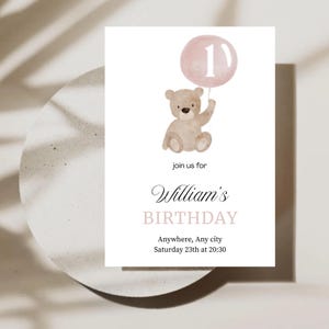 Invito Di Compleanno Tema Orso - Modello Di invito Editabile su Canva - Festa Tema Orso - Invito Festa Primo Compleanno - Invito Stampabile