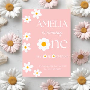 Invito Primo Compleanno Bambina Digitale – Invito Tema Margherite, Invito Modificabile Canva, Formato 5x7, Invito Primo Compleanno Bimba