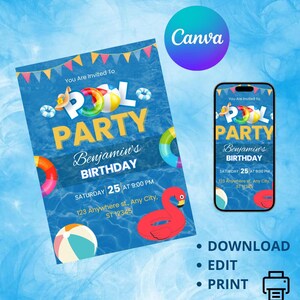 Invito Compleanno Pool Party Estate - Invito 5x7 Modificabile su Canva - Download Digitale - Invito Festa Piscina