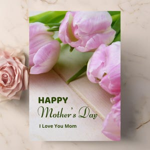 Biglietto Festa della Mamma Stampabile – Happy Mother’s Day Card – File Digitale da Stampare – Biglietto con Fiori Rosa – Idea Regalo Mamma
