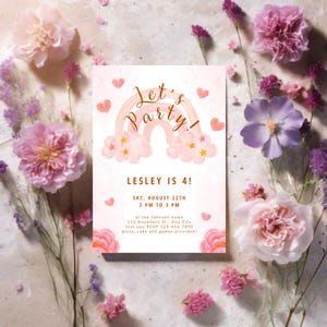 Invito Compleanno Bambina Rosa Arcobaleno – Editabile su Canva – Perfetto per Feste Dolci e Colorate – PDF Digitale Pronto da Stampare