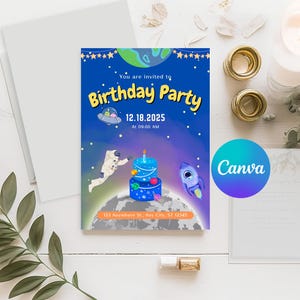 Invito di compleanno per un piccolo astronauta, modello invito di compleanno modificabile su canva, modello stampabile invito compleanno