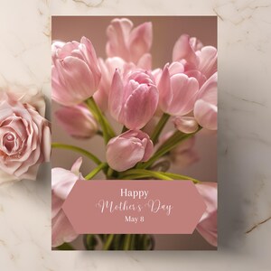 Carte de fête des mères avec tulipes roses - Imprimé élégant - Bonne fête des mères 8 mai - Cadeau maman