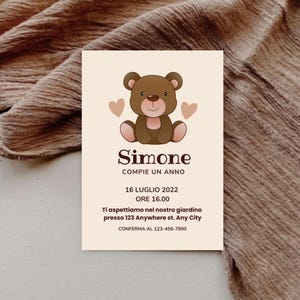 Invito di compleanno modificabile a tema orso - invito di compleanno personalizzato a tema orso, invito stampabile per il compleanno