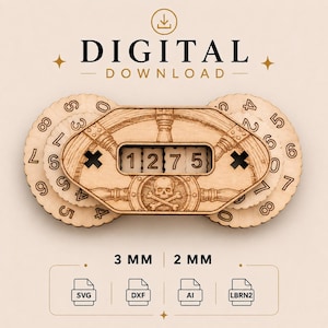 Könnte beinhalten: Eine digitale Download-Datei für eine lasergeschnittene Holz-Puzzlebox mit einem Piraten-Steuerrad-Design und einem Totenkopf. Der Mechanismus enthält zwei rotierende Zahlenscheiben, die 1275 anzeigen, mit Dateiformaten SVG, DXF, AI und LBRN2 für 3 mm und 2 mm Materialstärke.