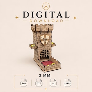 May include: A laser-cut wooden dice tower featuring a castle design with a bull emblem shield, a portcullis gate, and a red felt base. The digital download includes 3 mm material files in SVG, DXF, AI, and LBRN2 formats for laser cutting machines.