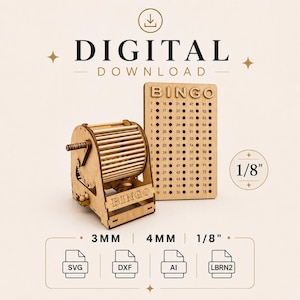 Könnte beinhalten: Eine digitale Download-Datei für ein lasergeschnittenes Bingo-Spielset aus Holz, bestehend aus einer rotierenden Bingotrommel und einer nummerierten Bingokarte. Der Text lautet DIGITAL DOWNLOAD, BINGO, 1/8", 3mm, 4mm, SVG, DXF, AI und LBRN2 für 3mm oder 4mm.