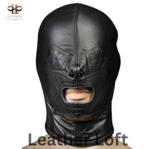 Custom Rear-Zip Leather Hood | Pinhole Eye & Open Mouth Mask | Handmade Costume Headwear