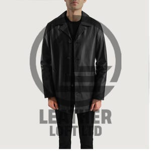 Men’s Black Leather Coat – Classic Button-Up Long Jacket