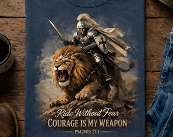 Knight Riding Lion T-Shirt, Medieval Faith Warrior Graphic Tee