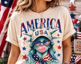 Preppy Statue of Liberty Bubble Gum PNG, Girly 4th of July Sublimation Design