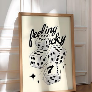 Feeling Lucky dobbelstenen kunstprint - vintage Casion gaming muurdecoratie, witte dobbelstenen moderne trendy muurkunst, retro trendy esthetische print
