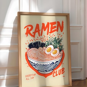 Ramen Club Japanese Food Art Print- Retro Asian Noodle Kitchen Decor, Ramen Lover Gift,  Noodle Artwork, Aesthetic Food Poster, Ramen Poster