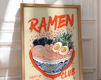 Ramen Club Japanese Food Art Print- Retro Asian Noodle Kitchen Decor, Ramen Lover Gift,  Noodle Artwork, Aesthetic Food Poster, Ramen Poster