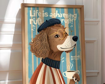 Arte de perro francés amante del café: decoración de pared con humor retro para mascotas, ilustración peculiar de perro, decoración del hogar para amantes de los perros, impresión de perro tomando café