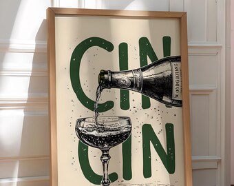 May include: A green and white poster with the word "GIN" in large, bold letters. A bottle of champagne is pouring into a glass, creating a bubbly effect. The text "VONDGHOIME" is visible on the bottle.
