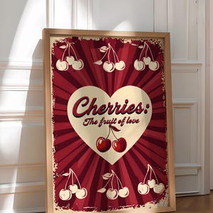 Vintage Red Cherry Wall Art - Cherries Fruit of Love, Retro Kitchen, Apartment Decor, Modern Minimalist Fruit Artwork, Farmhouse Cherry Art