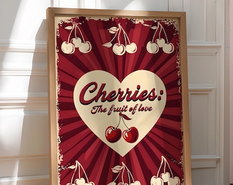 Vintage Red Cherry Wall Art - Cherries Fruit of Love, Retro Kitchen, Apartment Decor, Modern Minimalist Fruit Artwork, Farmhouse Cherry Art